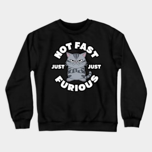 The image features a grumpy-looking cat with the text “NOT FAST JUST FURIOUS” surrounding it Crewneck Sweatshirt